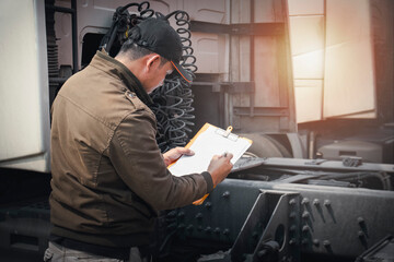Truck Driver is Checking the Semi Truck's Maintenance Checklist. Inspection Safety Before Driving....