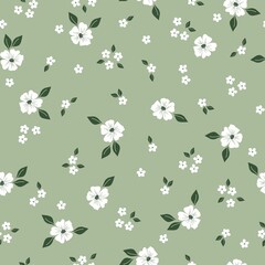 Fototapeta premium Seamless vintage pattern. White flowers, green leaves. Light green background. vector texture. fashionable print for textiles, wallpaper and packaging.