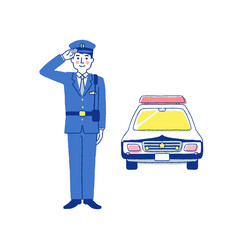 敬礼をしている男性警察官とパトカー