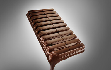 Chocolate bar with melted. isolated on gray background.