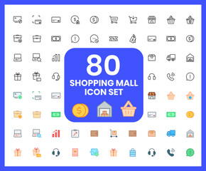 Collection of Shopping mall linear icons and color icons. Payment, wallet, money, cart, phone. Set of marketing symbols drawn with thin contour lines.