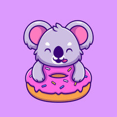 Cute Koala Eating Donut Cartoon Vector Icon Illustration. Animal Food Icon Concept Isolated Premium Vector. Flat Cartoon Style