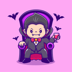 Cute Dracula Sit On Sofa With Blood Juice And Bat Cartoon Vector Icon Illustration. People Holiday Icon Concept Isolated Premium Vector. Flat Cartoon Style