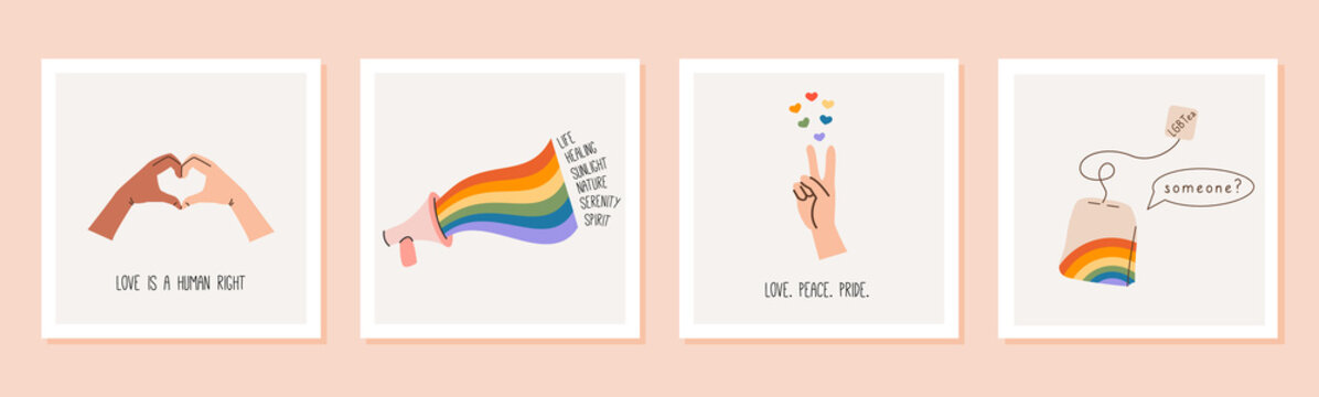 Vector set of greeting cards for LGBTQIA Pride Month. Social media post collection with queer slogans, phrases and quotes. A hand gesture, loudspeaker and rainbow with meaning of LGBT flag.