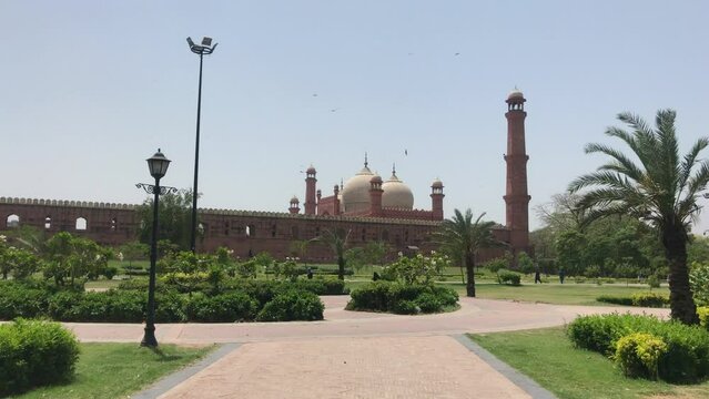 Badshahi mosque view from outside located in  Walled city of Lahore in Punjab, Pakistan. Muslim prayer area