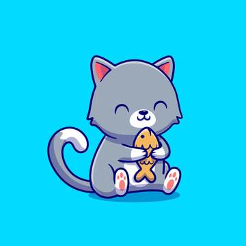 Cute Cat Holding Fish Cartoon Vector Icon Illustration. Animal Food Icon Concept Isolated Premium Vector. Flat Cartoon Style