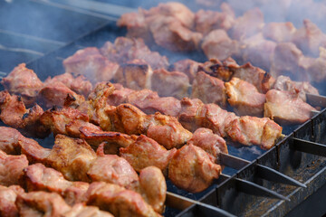 Yummy skewers frying on brazier