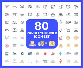 Collection of Parcel Service linear and color icons. Set of shipment, delivery, box, package symbols drawn with thin contour lines. Vector illustration.