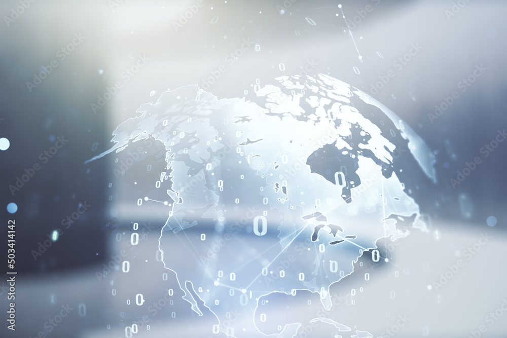 Poster multi exposure of abstract programming language hologram and world map on abstract empty interior ba