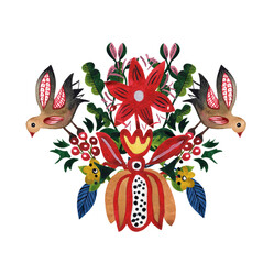Decorative composition of flowers and flower leaves in the style of Ukrainian applied art of the early 20th century. Avant-garde painting with mixed colors. Isolated picture on a white background.
