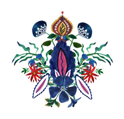 Decorative composition of flowers and flower leaves in the style of Ukrainian applied art of the early 20th century. Avant-garde painting with mixed colors. Isolated picture on a white background.