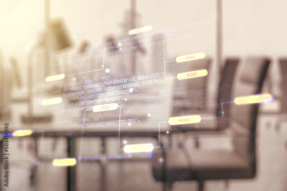 Poster multi exposure of abstract programming language hologram on a modern furnished office interior backg