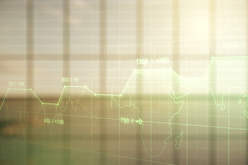 Multi exposure of abstract virtual graphic data spreadsheet sketch on modern interior background, analytics and analysis concept