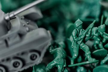 Close-up of green plastic toy soldiers
