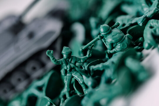 Close-up of green plastic toy soldiers