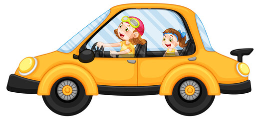 Fototapeta na wymiar Kids in a yellow car in cartoon style