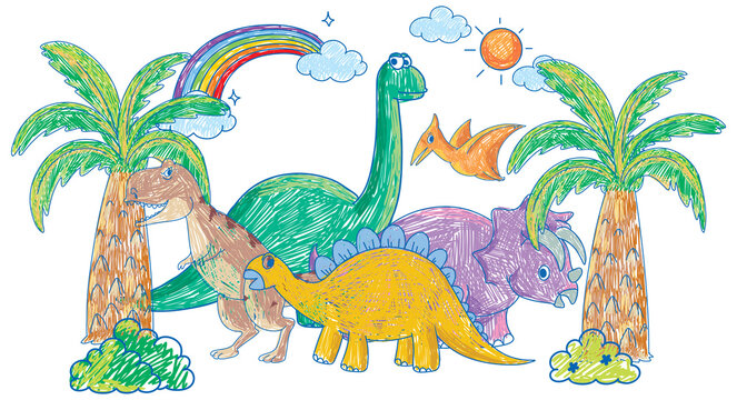 Coloured hand drawn dinosaurs group