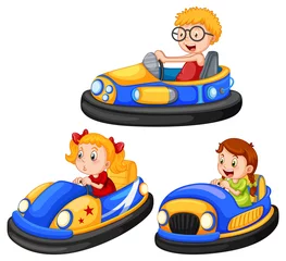 Fotobehang Set of different kids driving bumper cars in cartoon style © GraphicsRF