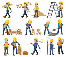Set of construction site objects and workers