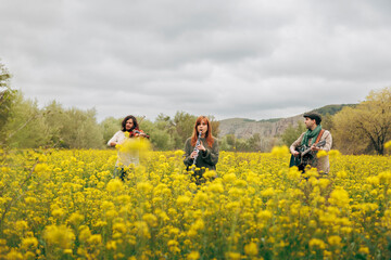 Artists practicing musical instruments in flower field