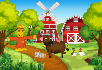 Animals in farm landscape