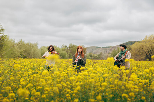 Artists practicing musical instruments in flower field