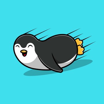 Cute Penguin Sliding Cartoon Vector Icon Illustration. Animal Icon Concept Isolated Premium Vector.