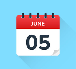 June 5, Five of the month. Vector flat design of daily calendar icon. Date and day of the year.