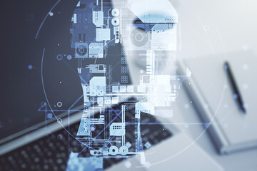 Double exposure of creative artificial Intelligence symbol with modern laptop on background. Neural...