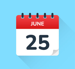 June 25, vector flat design of daily calendar icon. Date and day of the year.