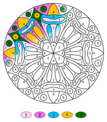 mandala with numbers for coloring drawn with floral ornaments in folk style with dark blue and pink colors, coloring book pages