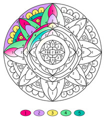 mandala coloring by number drawn with floral ornaments in pink and green colors, coloring book pages