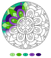 abstract mandala with numbers for coloring drawn with floral ornaments in light green and dark green colors, coloring book pages