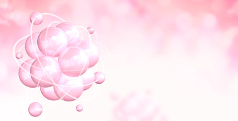 Horizontal banner with model of abstract molecular structure. Background of pink color with atom and sparks