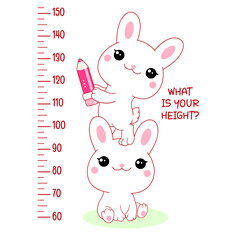 Height chart with kawaii white rabbits. Kids meter with cute little bunny. Inscription - What is your height? Meter wall or baby scale of growth. Vector illustration EPS8