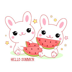 Obraz na płótnie Canvas Two cute white bunnies with watermelon. Inscription Hello summer. Kawaii little rabbits are happy to eat watermelon. Happy summer time. Friends have picnic. Vector illustration EPS8