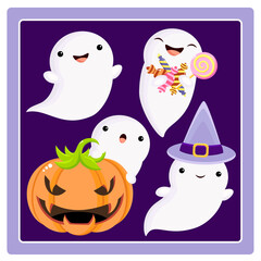 Set of cute ghosts with different emotions in kawaii style. Halloween Collection of little ghosts with candy, pumpkin, in hat. Vector illustration EPS8