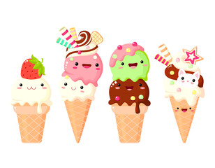 Set of ice cream characters in kawaii style with smiling face and pink cheeks for sweet design. Sundae, gelato in waffle cone. Cute summer food collection. Vector illustration EPS8  