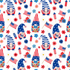 4th of July patriotic gnomes holding flower bouquets, crackers, and American flags. Vector seamless pattern. Isolated on white background. Festive design for digital paper, and wallpapers.