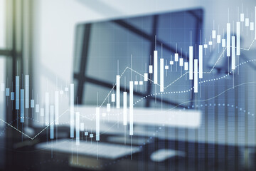 Multi exposure of abstract creative financial chart on computer background, research and analytics concept