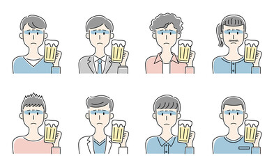 手描き風・ビールを飲んで気分が悪そうな男性のベクターイラストセット