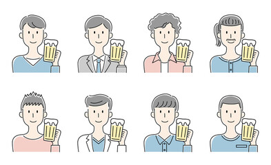 手描き風・ビールを飲む男性のベクターイラストセット