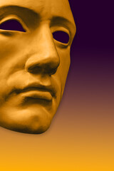 Collage with antique sculpture of mask human face in pop art style. Modern creative concept image with ancient statue head. Zine culture. Contemporary art poster. Funky punk minimalism. Unusual design