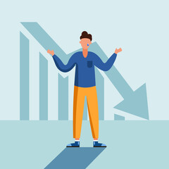 
a guy in yellow jeans and a blue sweater is crying because of a failure in business against the background of a graph with a collapse in all stocks