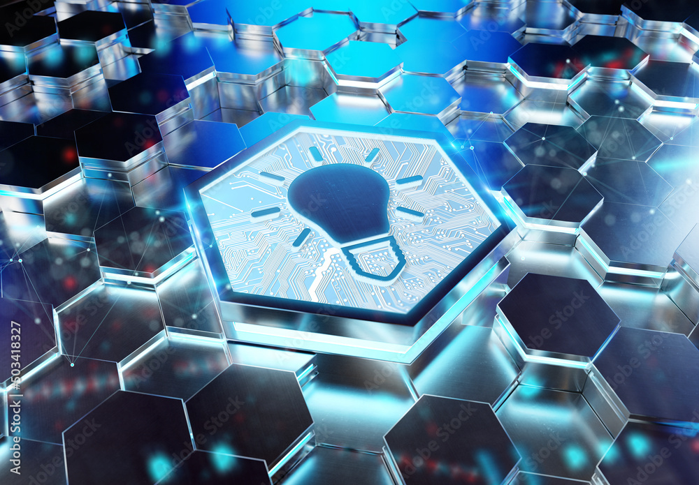 Aufkleber Lightbulb icon creativity concept engraved on metal hexagonal pedestral background. Innovation symbol glowing on abstract digital surface. 3d rendering