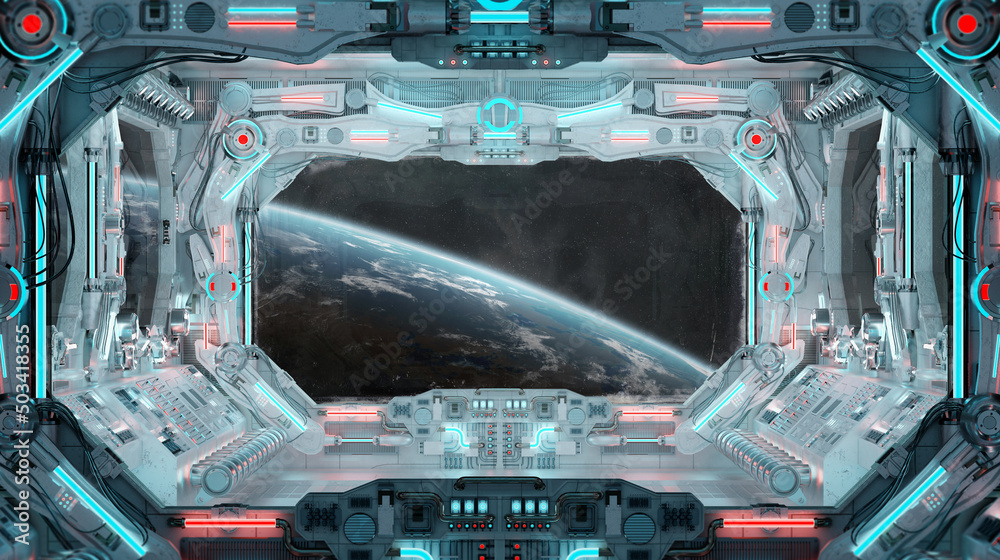 Wall mural white spaceship interior with glowing blue and red lights. futuristic spacecraft with large window v