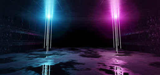 Naklejka premium Futuristic neon lights interior. Cyber neon laser tubes in garage room hangar with sci fi glowing blue and pink elements. Dark tunnel warehouse with wet cement floor 3d Rendering