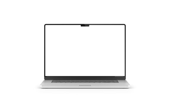 PARIS - France - April 28, 2022: Newly released Apple Macbook Pro, Silver color - Front view- Realistic 3d rendering laptop computer display screen mockup on white
