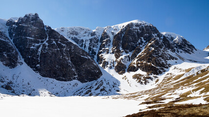 Creag Meagaidh mountain and Steall Waterfall in the scottish highlands of Scotland.