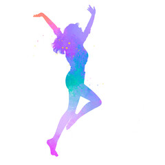 Naklejka na ściany i meble Watercolor of woman jumping into the air isolated on white background with clipping path. Self-care concept.